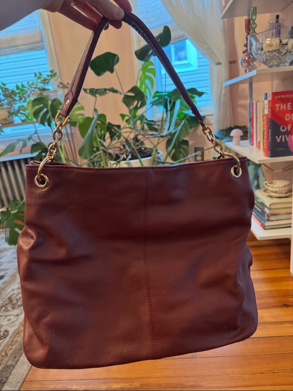 Women's Leather Shoulder Bag in Deep Burgundy with Gold-Tone Hardware